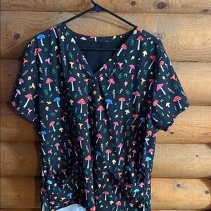 Colorful Mushroom Print Scrub Top